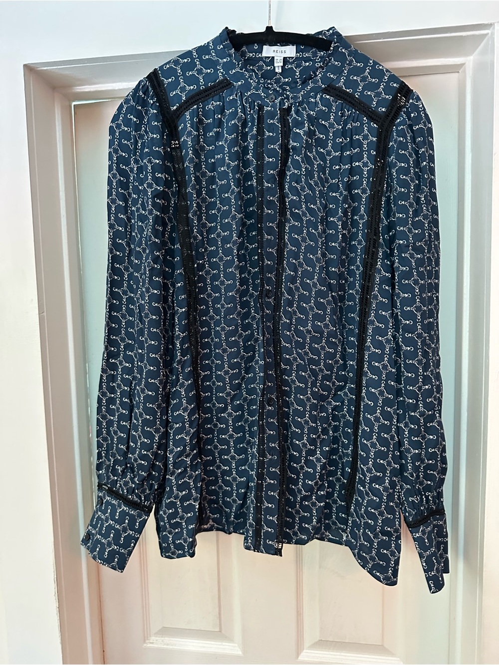 Reiss Navy Chain-Print Long Sleeve Button-Down Shirt